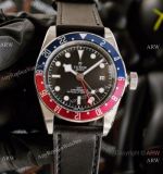 Copy Vintage Tudor Black Bay GMT Pepsi Bezel Black Leather Strap Watch